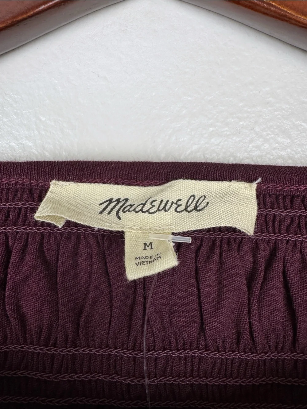 Madewell Smocked Cotton Boatneck Puff Sleeves Slim Fit Top Burgundy Size M NWT